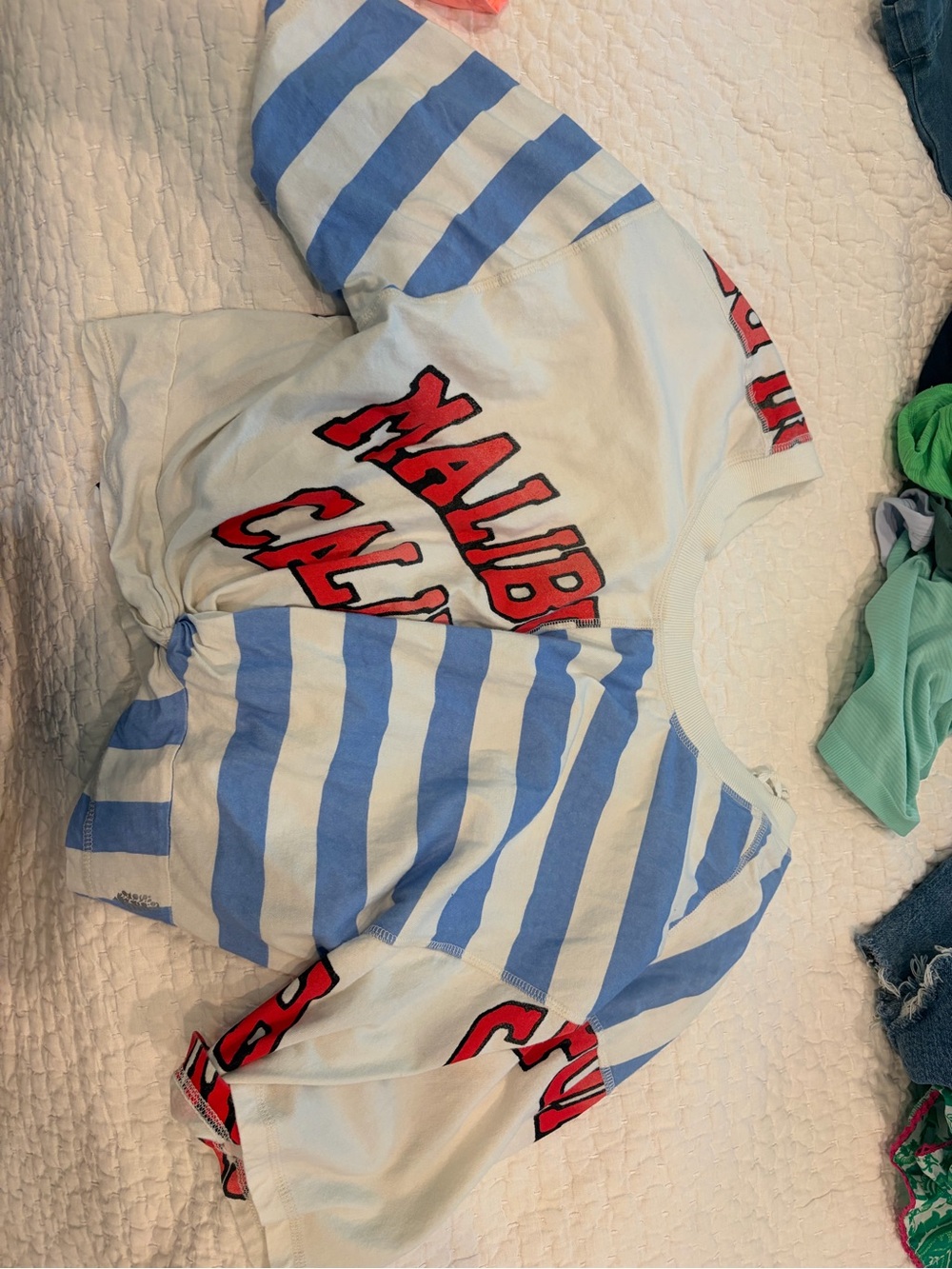 FP Movement by Free People White and Light Blue Striped Malibu Club Tee